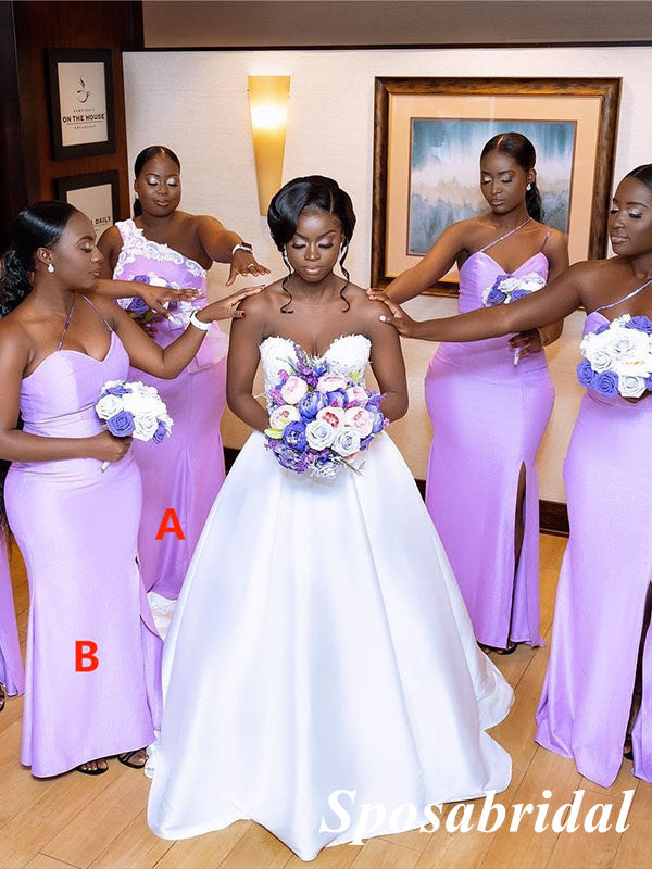 Mismatched Soft Satin One Shoulder Side Slit Mermaid Floor Length Bridesmaid Dresses, SFWG00558