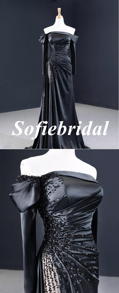 Sexy Black Soft Satin Off Shoulder Long Sleeves Mermaid Long Dress Prom Dress With Beading, PD01118