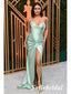 Sexy Soft Satin Spaghetti Straps V-Neck Sleeveless Side-Slit Mermaid Long Prom Dresses, PD0956
