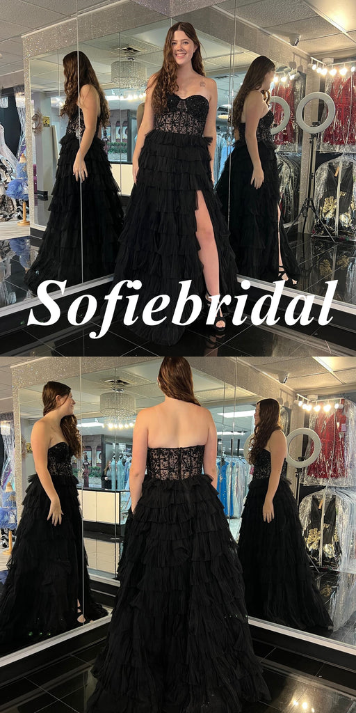 Sexy Black Sweetheart Side Slit A-Line Long Prom Dresses, PD0951