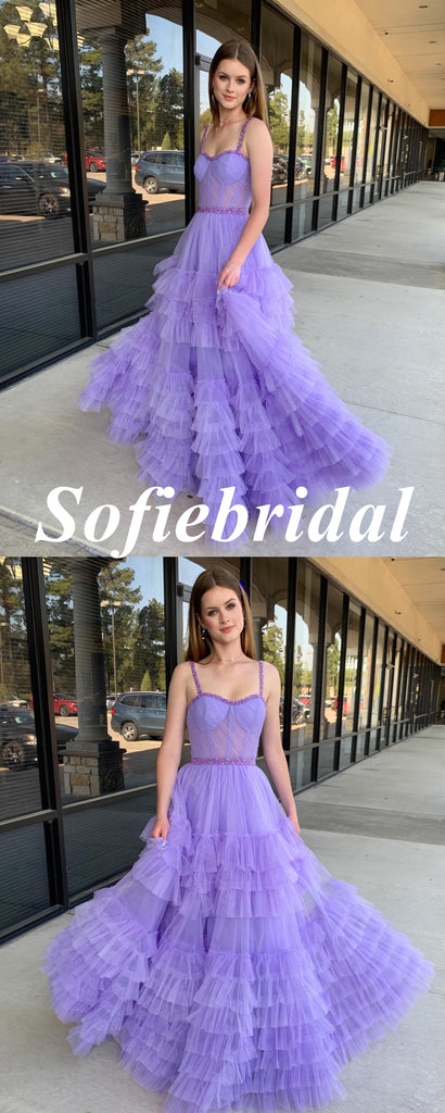 Sexy Purple Tulle Spaghetti Straps Sleeveless A-Line Floor Length Prom Dress, PD01045
