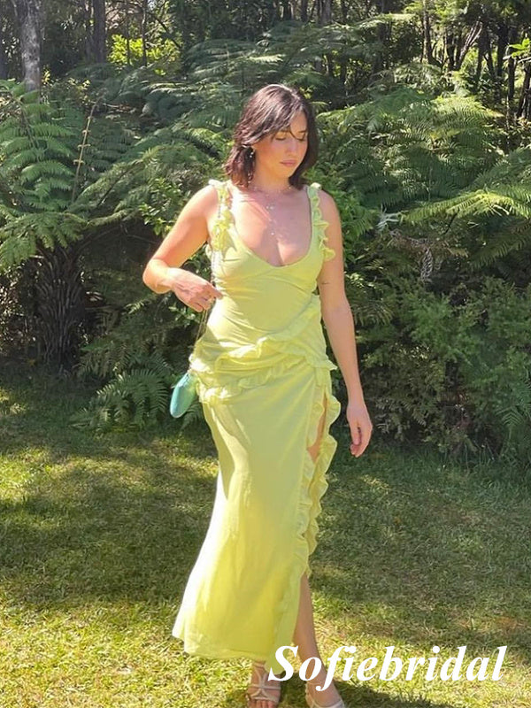 Sexy Chiffon Spaghetti Straps Sleeveless Mermaid Long Prom Dresses With Split, PD0988