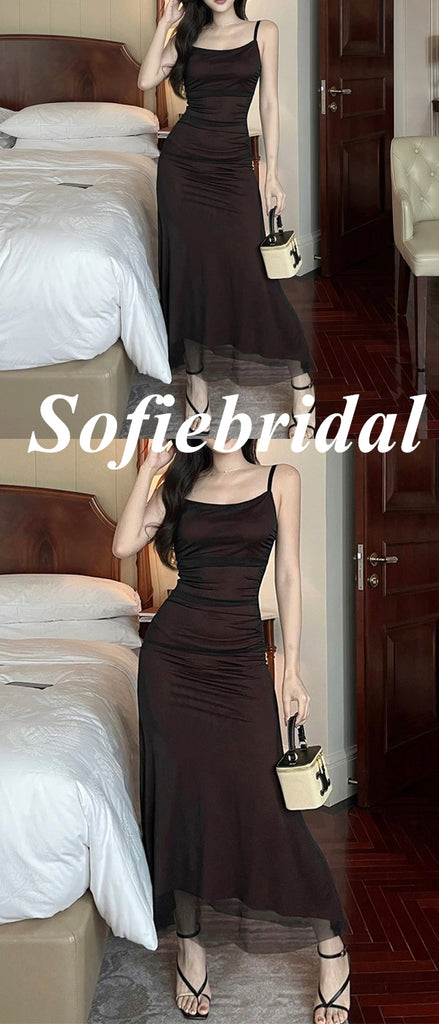 Sexy Chiffon Spaghetti Straps Sleeveless Mermaid Floor Length Prom Dress, PD01085