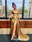 Sexy Gold Elastic Satin One Shoulder Side Slit Mermaid Long Prom Dresses, PD0952