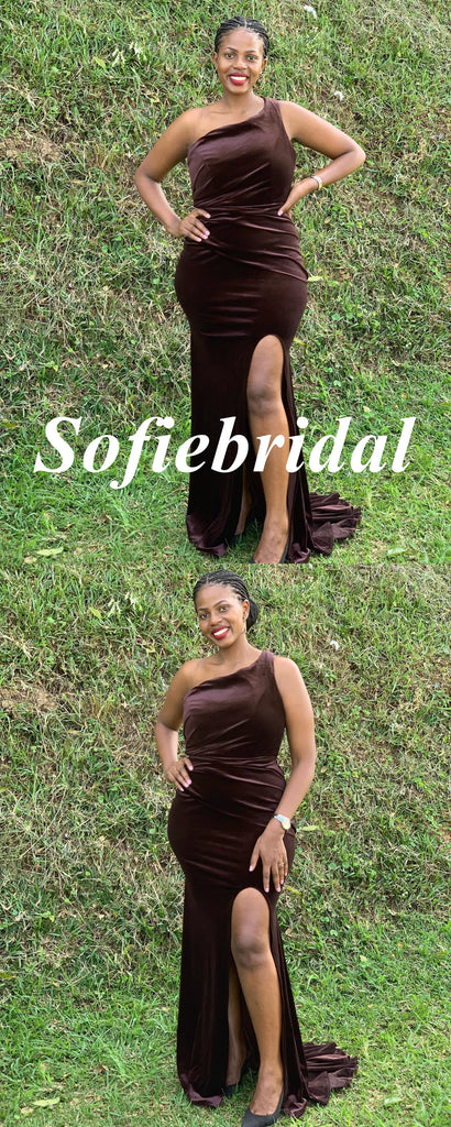 Sexy Velvet One Shoulder Sleeveless Side Slit Mermaid Floor Length Bridesmaid Dresses, SFWG00601