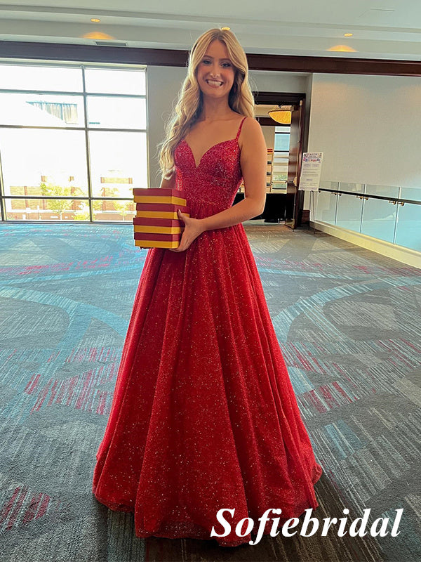 Sparkly Red Sequin Tulle Spaghetti Straps V-Neck Sleeveless A-Line Long Prom Dresses, PD0990