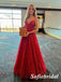 Sparkly Red Sequin Tulle Spaghetti Straps V-Neck Sleeveless A-Line Long Prom Dresses, PD0990