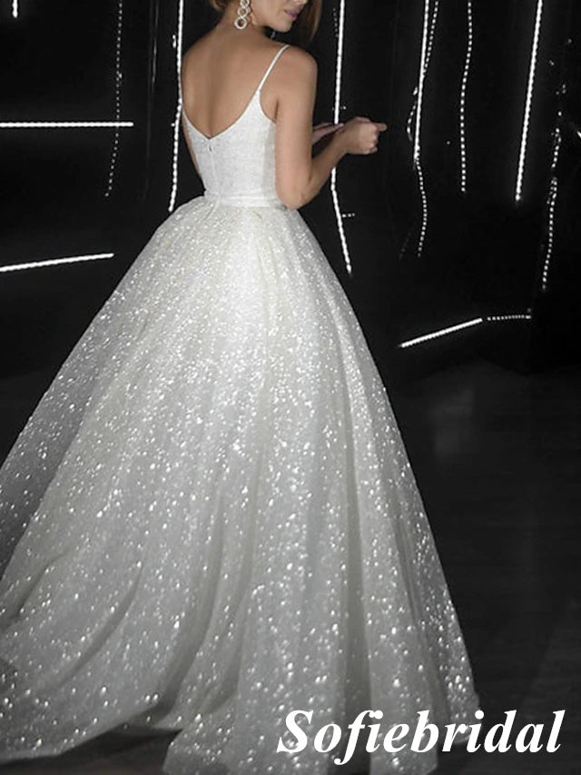 Sparkly Spaghetti Straps V-Neck Sleeveless A-Line Prom Dress, PD01028