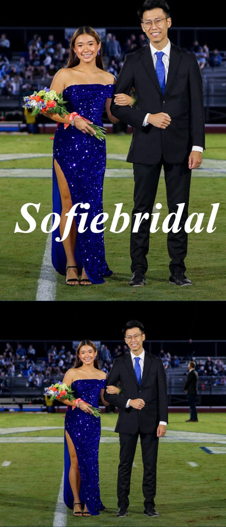 Sexy Royal Blue Sequin One Shoulder Sleeveless Side Slit Mermaid Floor Length Prom Dress, PD01078