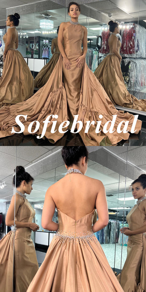 Elegant Satin Halter Gown Long Prom Dresses, PD0954