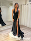 Sexy Black Soft Satin Halter Side Slit Mermaid Long Prom Dresses, PD0979