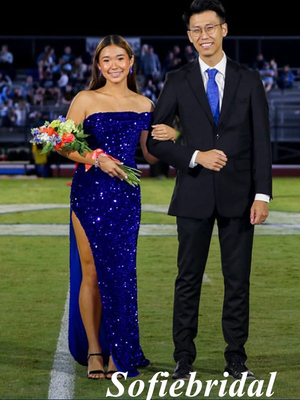 Sexy Royal Blue Sequin One Shoulder Sleeveless Side Slit Mermaid Floor Length Prom Dress, PD01078