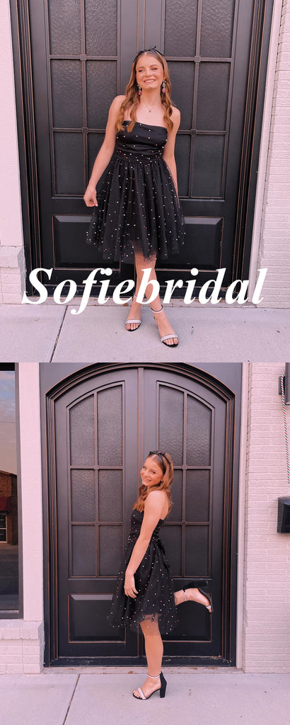 Sexy Black Tulle Sweetheart Sleeveless A-Line Mini Dresses/ Homecoming Dresses, HD0301