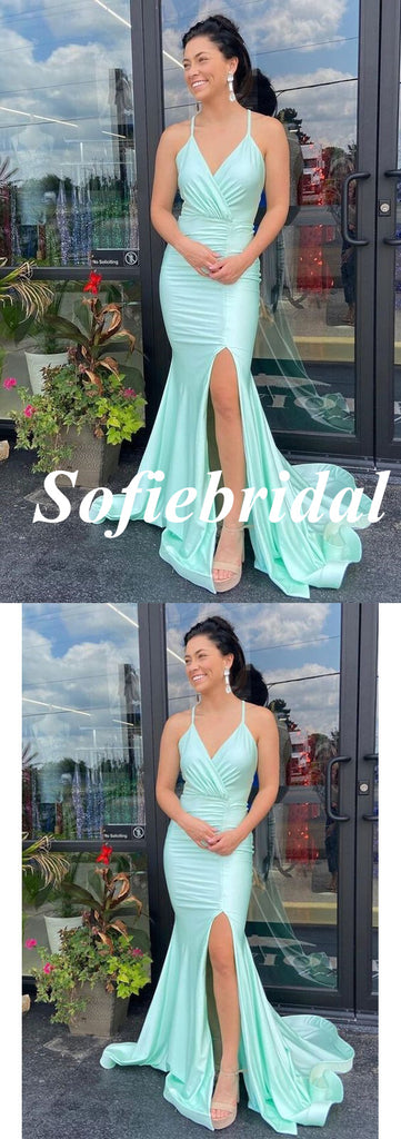 Sexy Soft Satin Spaghetti Straps V-Neck Sleeveless Mermaid Floor Length Prom Dress, PD01051