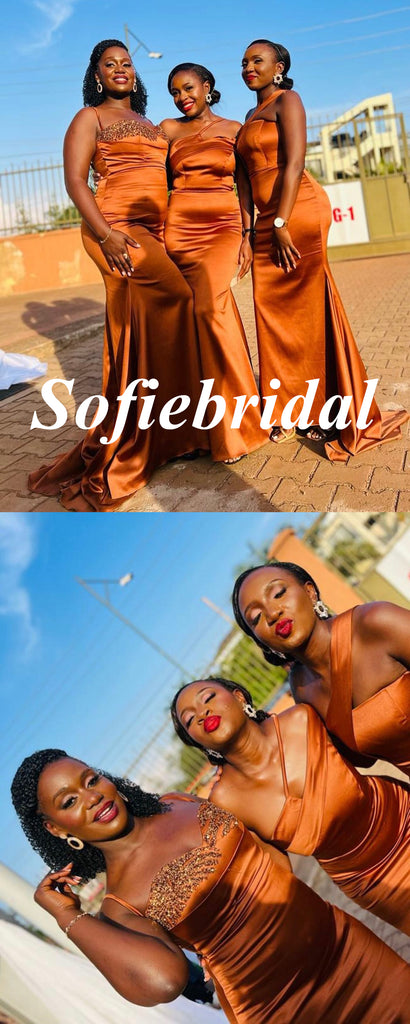 Sexy Mismatched Burnt-Orange Soft Satin Sleeveless Mermaid Floor Length Bridesmaid Dresses, SFWG00600