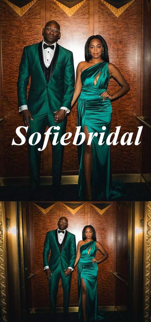 Sexy Dark-Green Soft Satin One Shoulder Side Slit Mermaid Long Prom Dresses, PD0953