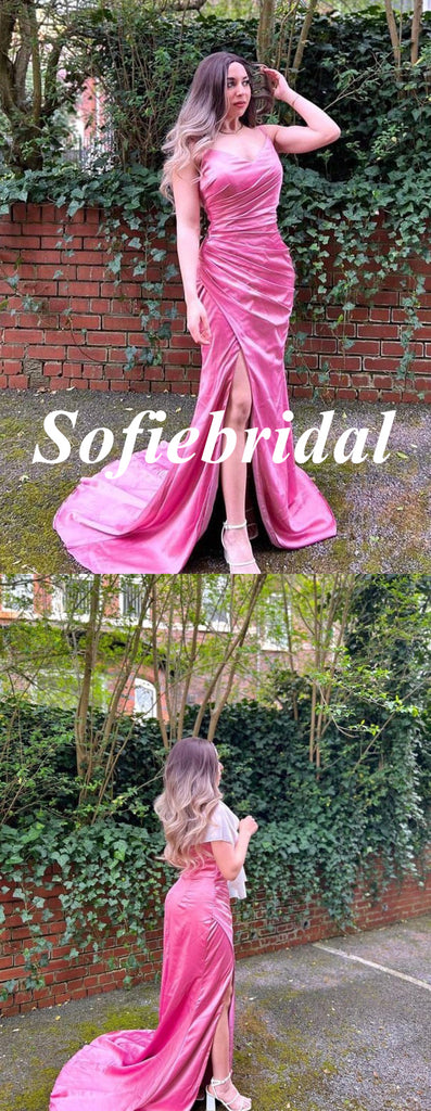 Sexy Soft Satin Spaghetti Straps V-Neck Sleeveless Side Slit Mermaid Floor Length Bridesmaid Dresses, SFWG00604