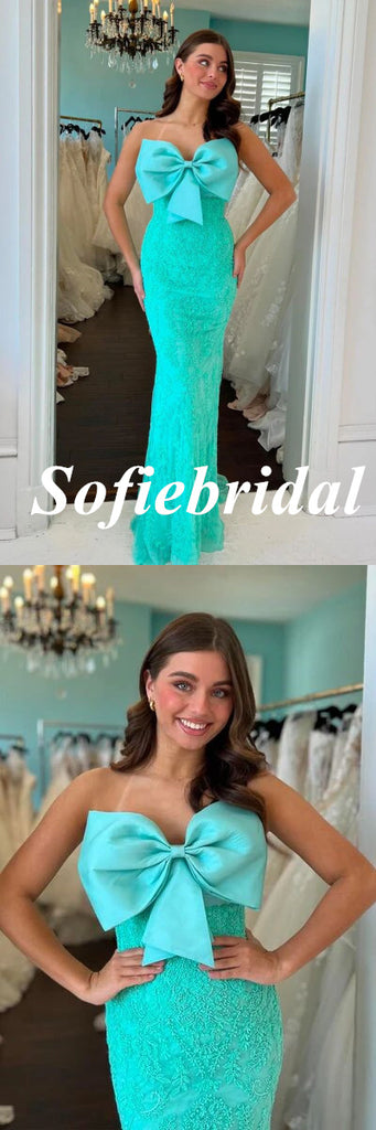 Sexy Lace Sweetheart Sleeveless Mermaid Floor Length Prom Dress With Bow Tie, PD01056