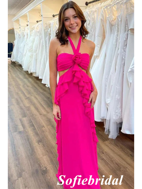 Sexy Hot Pink Halter Sleeveless Mermaid Long Prom Dress, PD01012