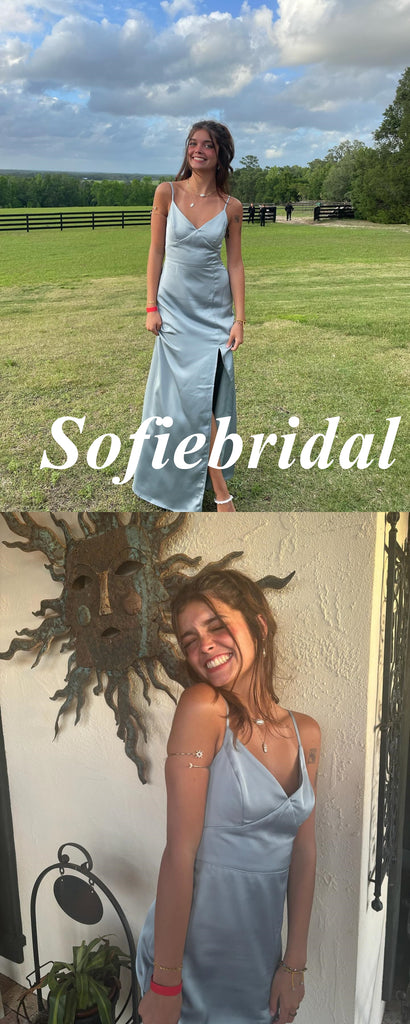 Sexy Soft Satin Spaghetti Straps V-Neck Sleeveless Side Slit Mermaid Floor Length Prom Dress, PD01093