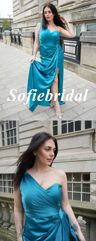 Sexy Soft Satin One Shoulder Sleeveless Side Slit Mermaid Floor Length Bridesmaid Dresses, SFWG00602