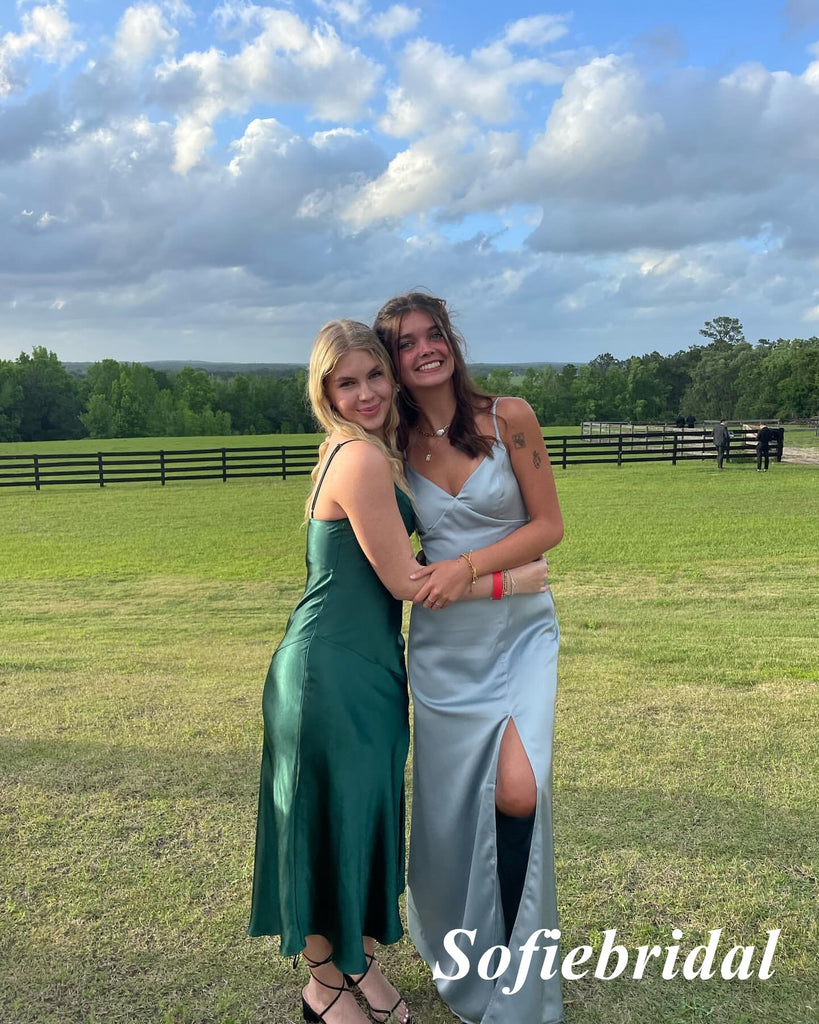 Sexy Soft Satin Spaghetti Straps V-Neck Sleeveless Side Slit Mermaid Floor Length Prom Dress, PD01093