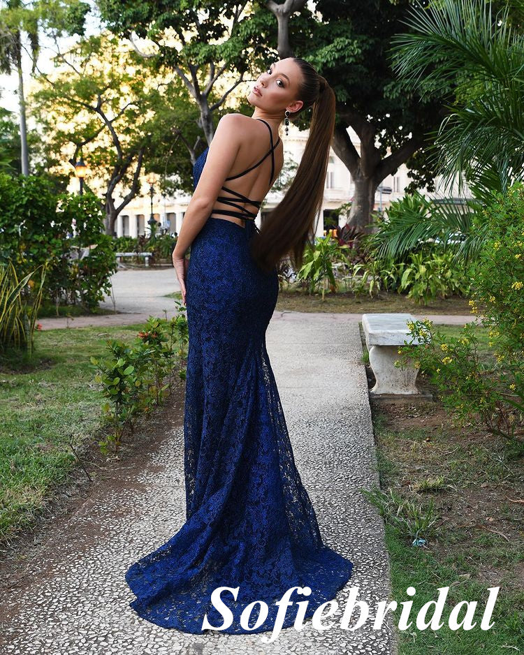 Sexy Royal Blue Spaghetti Straps Square Sleeveless Lace Up Back Mermaid Floor Length Prom Dress, PD01046
