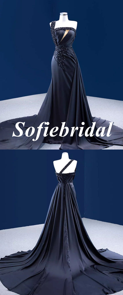 Sexy Black Soft Satin One Shoulder Sleeveless Side Slit Mermaid Long Dress Prom Dress With Beading, PD01119