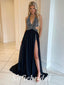 Sexy Chiffon Halter V-Neck Open Back Side Slit A-Line Long Prom Dresses, PD0880