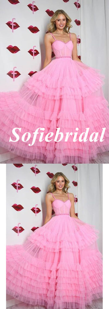 Sexy Pink Tulle Spaghetti Straps Sleeveless A-Line Floor Length Prom Dress, PD01058