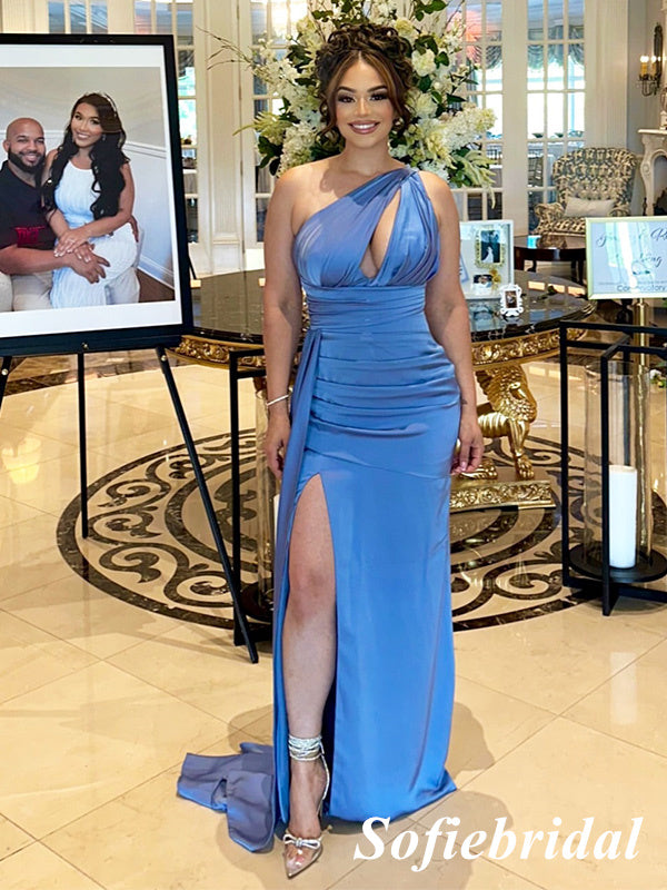 Sexy Soft Satin One Shoulder Sleeveless Side Slit Mermaid Floor Length Bridesmaid Dresses, SFWG00606