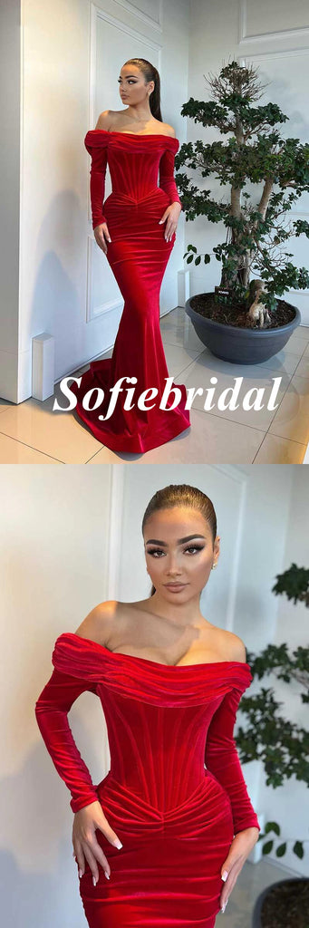 Sexy Rust Velvet Off Shoulder Long Sleeves Mermaid Long Prom Dresses, PD0962