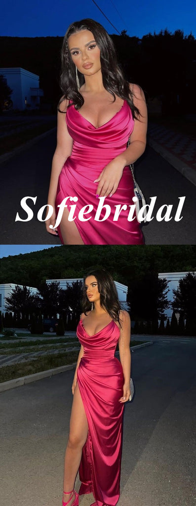 Sexy Soft Satin Spaghetti Straps V-Neck Side Slit Mermaid Long Prom Dresses, PD0942