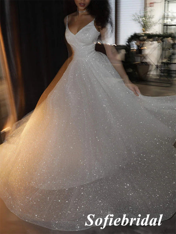 Sparkly Spaghetti Straps V-Neck Sleeveless A-Line Prom Dress, PD01028