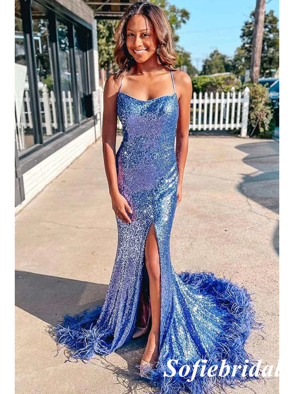 Sexy Sequin Spaghetti Straps Sleeveless Lace Up Back Side Slit Mermaid Long Prom Dresses, PD0914