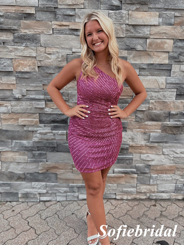 Sexy One Shoulder Sleeveless Sheath Mini Dresses/ Homecoming Dresses With Sequin and Beading, HD0289