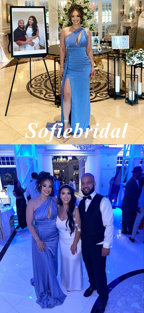 Sexy Soft Satin One Shoulder Sleeveless Side Slit Mermaid Floor Length Bridesmaid Dresses, SFWG00606