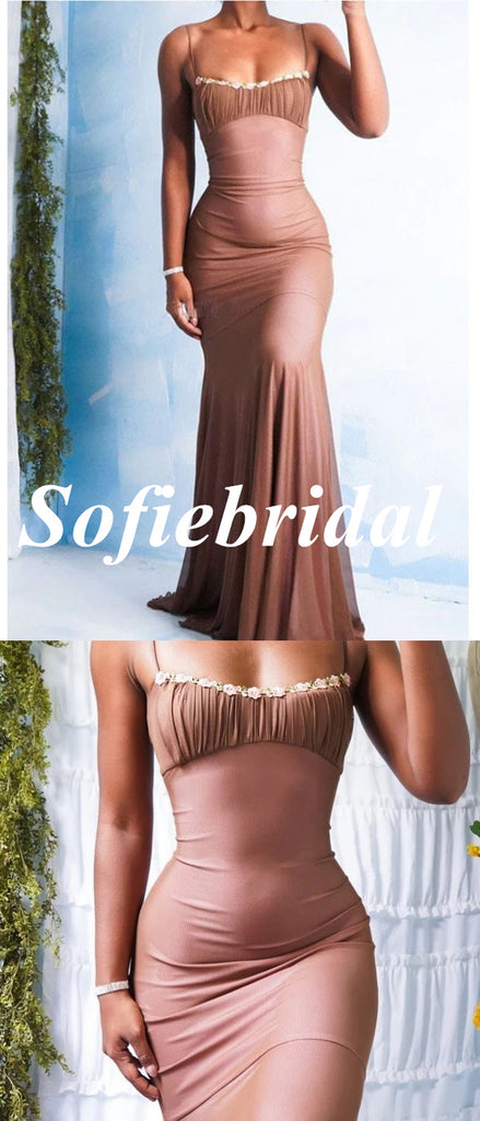 Sexy Chiffon Spaghetti Straps Mermaid Long Prom Dresses With Applique, PD0938