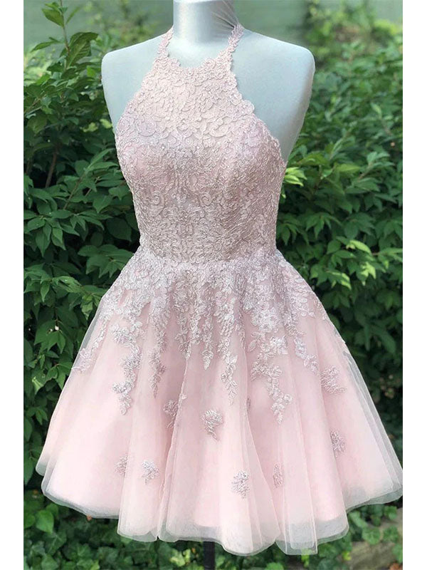 Sexy Tulle Halter A-Line Mini Dresses/ Homecoming Dresses With Lace, HD0269
