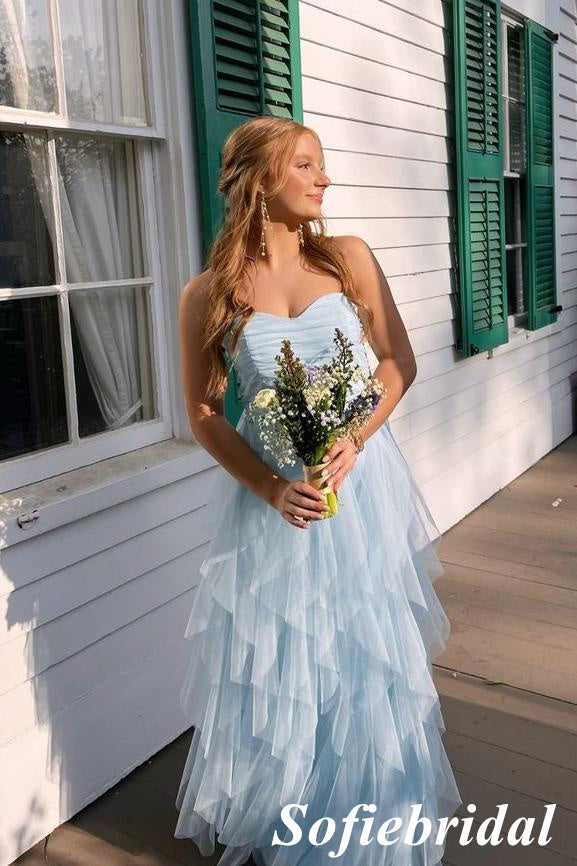 Sexy Blue Tulle Sweetheart Sleeveless A-Line Maxi Prom Dress, PD01157