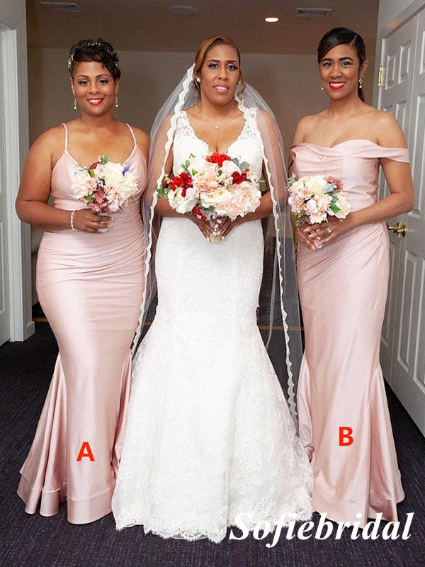 Mismatched Sexy Blushing Pink Soft Satin Sleeveless Mermaid Floor Length Bridesmaid Dresses, SFWG00539