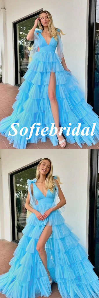 Sexy Blue Tulle Spaghetti Straps V-Neck Sleeveless Side Slit A-Line Floor Length Prom Dress, PD01059