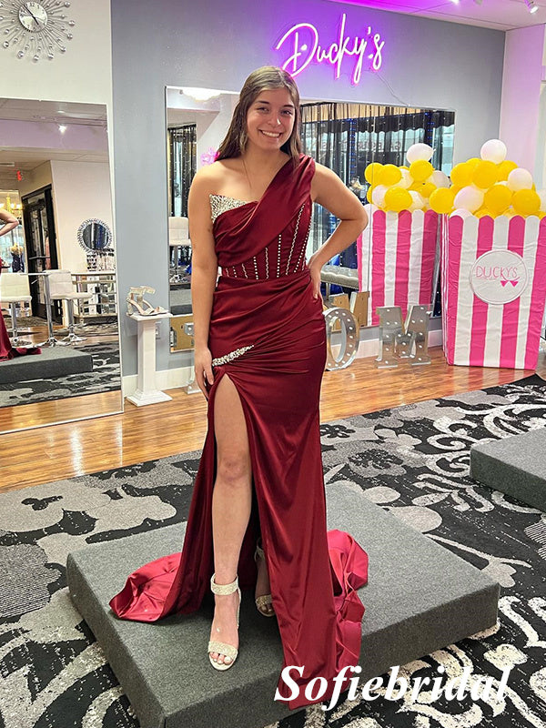 Sexy Soft Satin One Shoulder Sleeveless Side Slit Mermaid Floor Length Prom Dress, PD01096