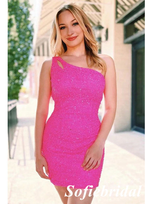Sexy Pink Sequin One Shoulder Sheath Mini Dresses/ Homecoming Dresses, HD0247