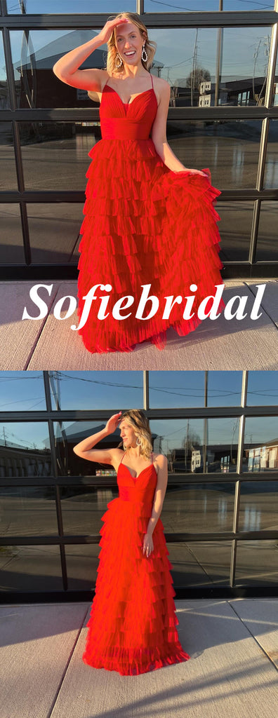 Sexy Red Tulle Spaghetti Straps V-Neck Sleeveless A-Line Floor Length Prom Dress, PD01097