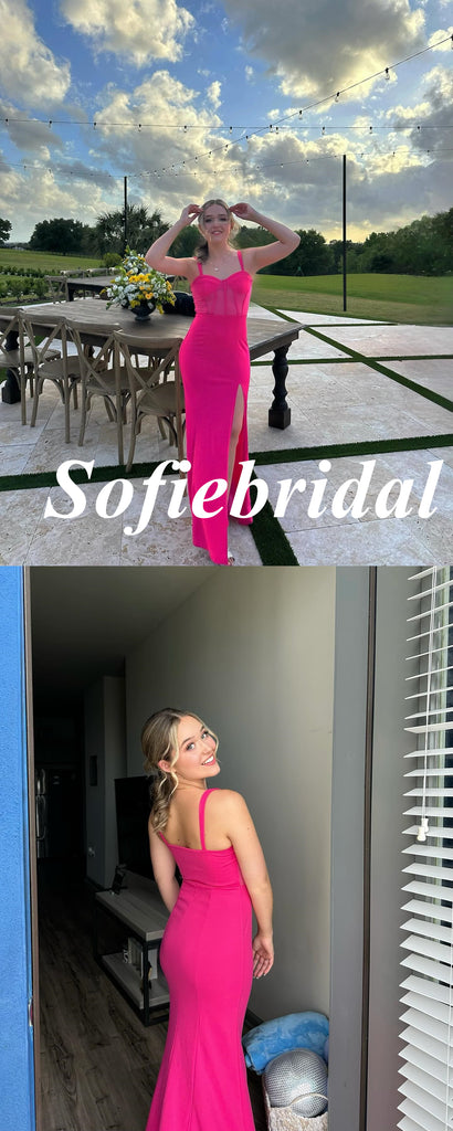 Sexy Gummy Pink Spaghetti Straps V-Neck Sleeveless Side Slit Mermaid Floor Length Prom Dress, PD01094