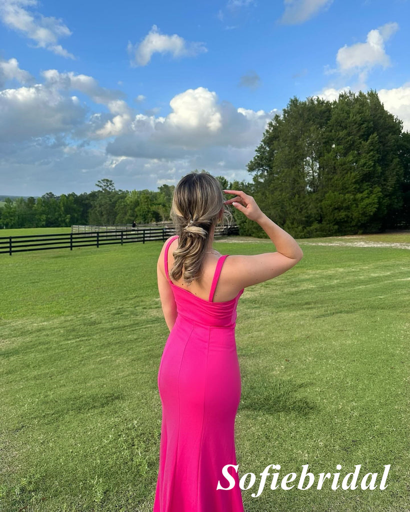 Sexy Gummy Pink Spaghetti Straps V-Neck Sleeveless Side Slit Mermaid Floor Length Prom Dress, PD01094