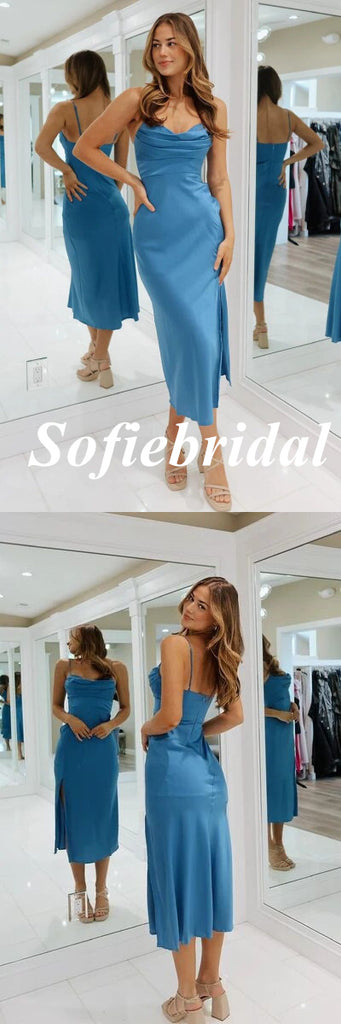 Sexy Soft Satin Spaghetti Straps Sleeveless Side Slit Mermaid Prom Dress, PD01048