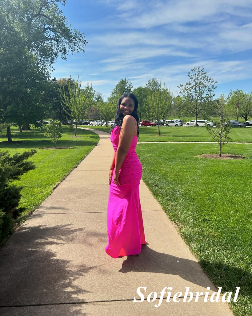 Sexy Gummy Pink Spaghetti Straps Sleeveless Mermaid Floor Length Prom Dress, PD01095