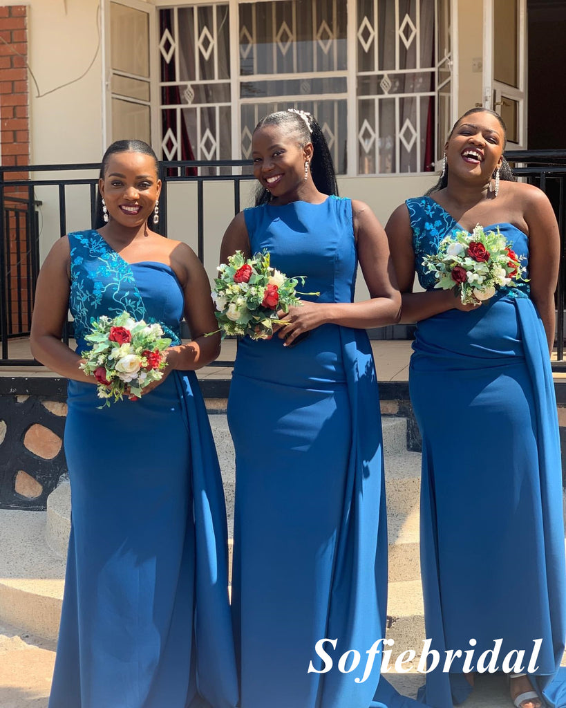 Sexy Mismatched Crepe Fabric Sleeveless Mermaid Floor Length Bridesmaid Dresses With Train, SFWG00598